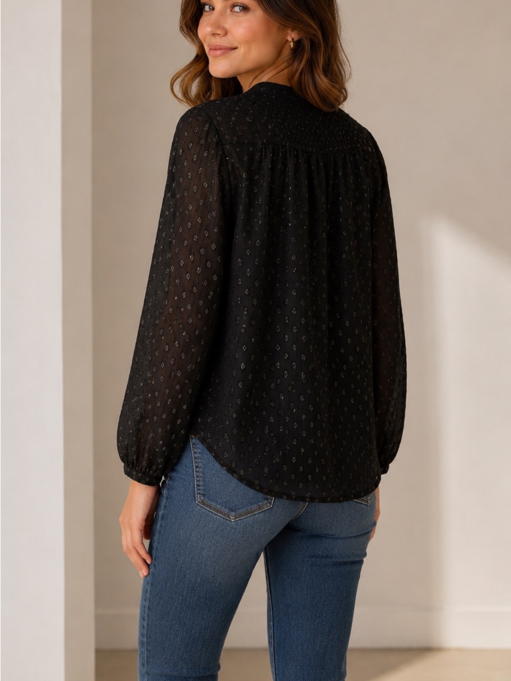Mason & Belle Black Foil Shimmer Dot Button Blouse Women’s Lined Long Sleeve - Picture 3 of 11